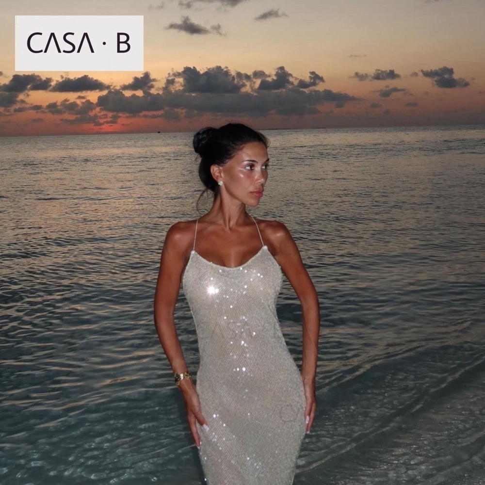 NEW!💫CASA B| Lumiere Pearl White Sheer Cross Back Sequin White Maxi Dress